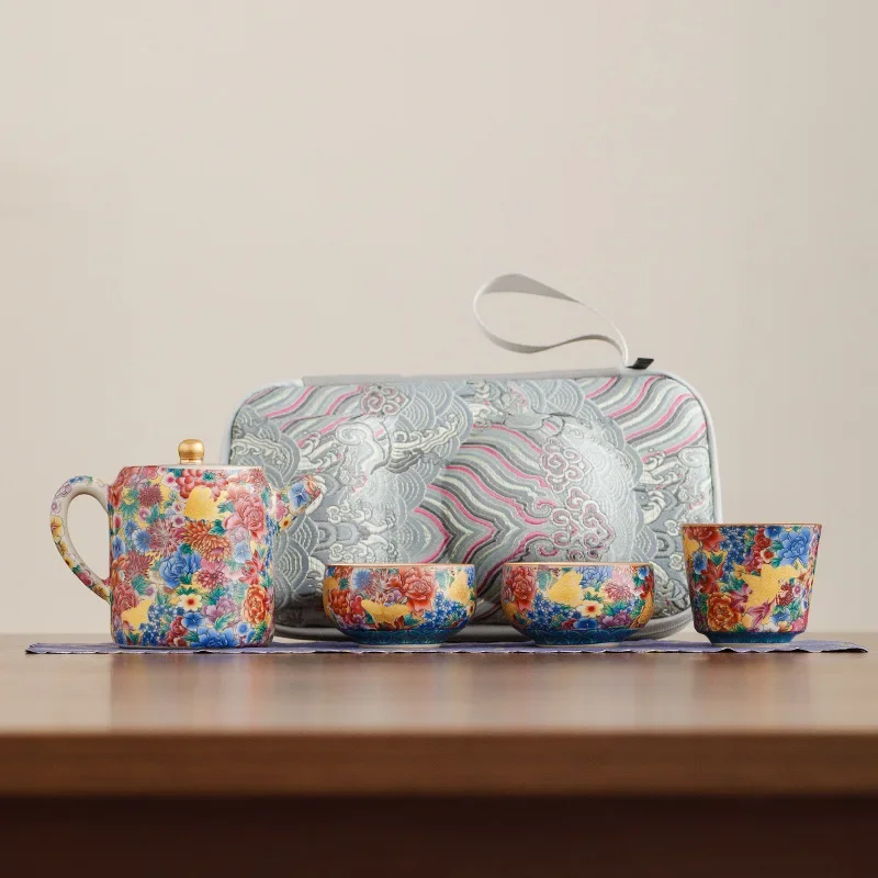 Colorful Flower Enamel Portable Travel Tea Set Ceramic Quick Cup Tea Water Separation Home Outdoor Multicolor One Pot Four Cups