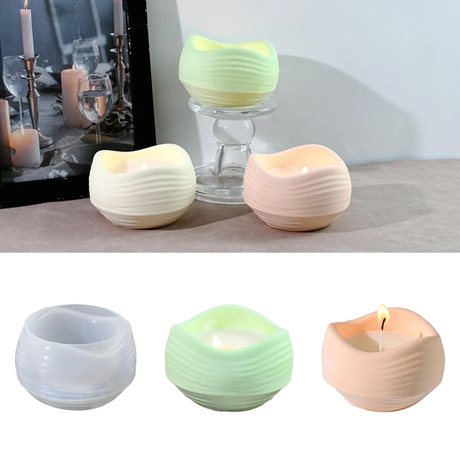 DIY New Round Stripe Wave Candle Cup Silicone Mold Gypsum Cement Candle Holder Making Molds Flower Pots