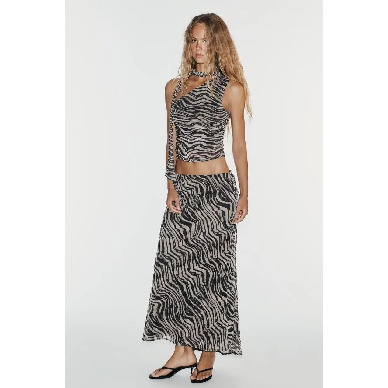 Spring Summer New Animal Print Scarf Top Midi Skirt Set Women's Fashion ZR Style Short Sleeve Zipper Closure Polyester Fabric