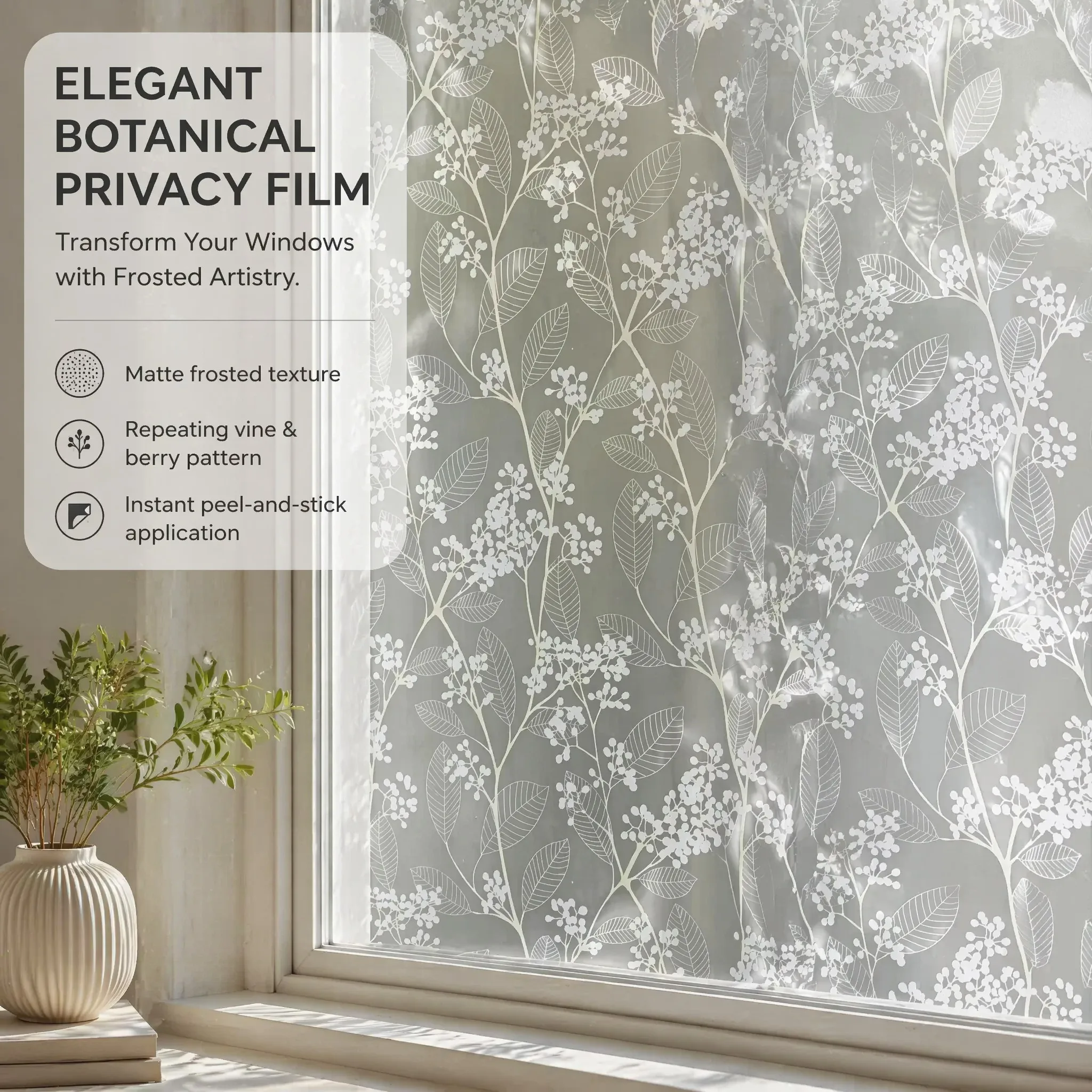 Elegant White Repeating Botanical Vine Leaf Berry Self Adhesive Frosted Window Film High Opacity 24H Privacy Protection 96% UV