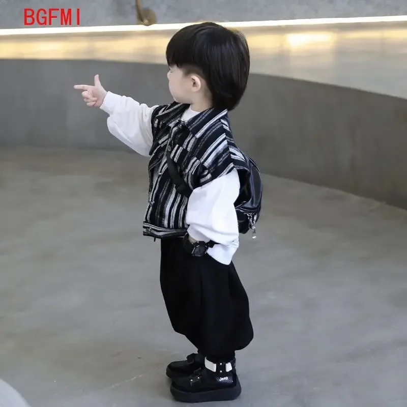 

1-9 Y Korean Children's Clothing Suit Spring Autumn Striped Vest Coat Boys Handsome All-match Sweater pant Set kids Baby Clothes