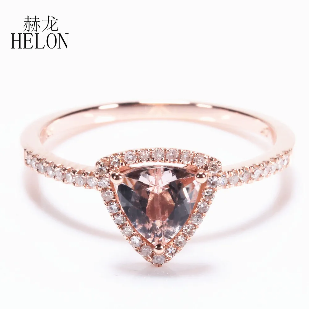 

HELON Solid 14K 18K Rose Gold Trillion Cut 6MM Natural Morganite Diamonds Women Trendy Fine Jewelry Engagement Wedding Ring