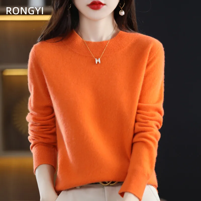 RONGYI-Jersey de Cuello medio de lana pura para mujer, suéter de cachemira 100%, Tops de punto informales, chaqueta femenina, moda coreana, Otoño e