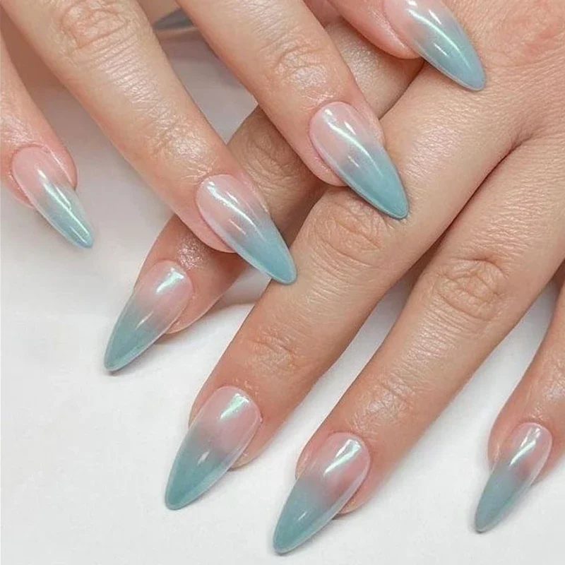 24pcs Stiletto Almond False Nails Lake Blue Gradient Fake Nails Halo Dye Ballerina Nails Press on Detachable French Tips Art