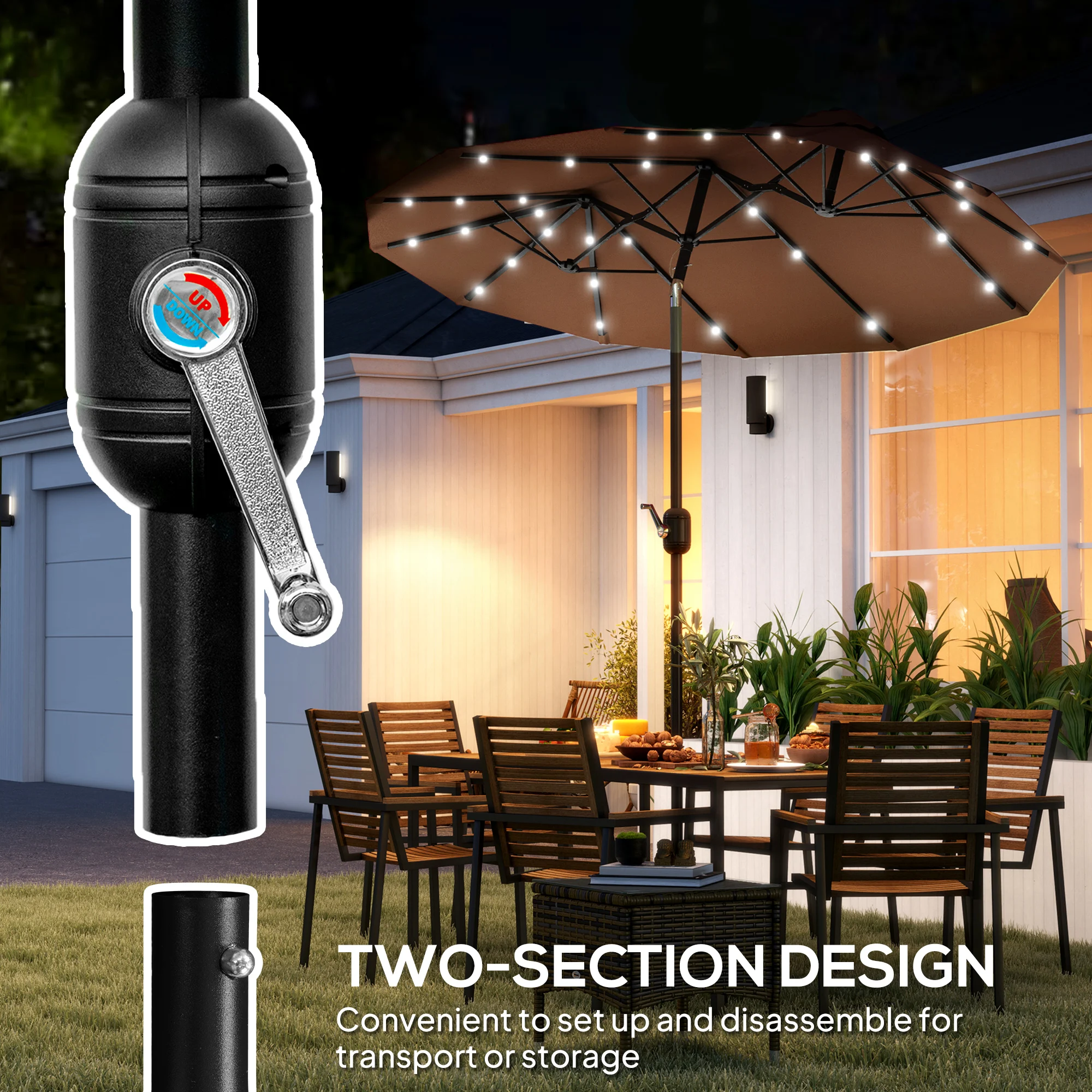 9.7' Double-sided Patio Umbrella with LED Solar Light, Tilt, Coffee image 8