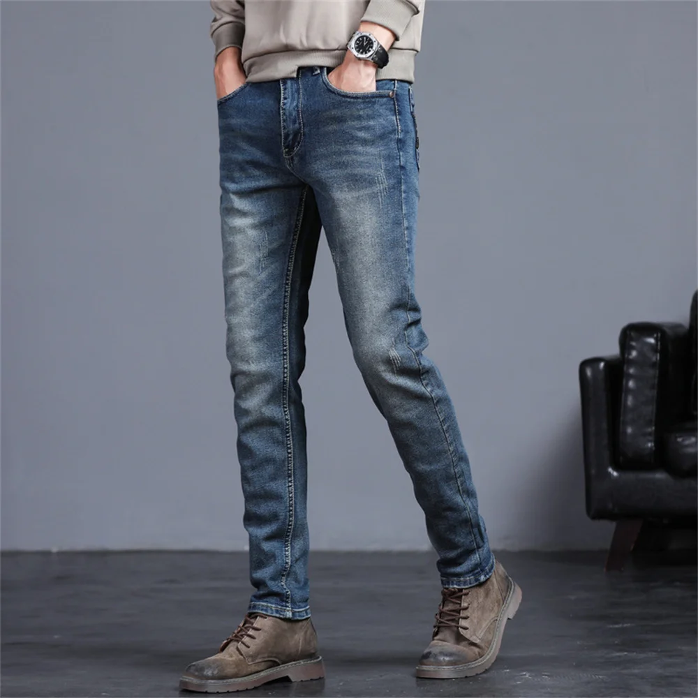 Men's Classic Regular Fit Fleece Jeans Business Fashion Loose Casual Stretch Pants Male Brand Plus Velvet Padded Warm Trousers