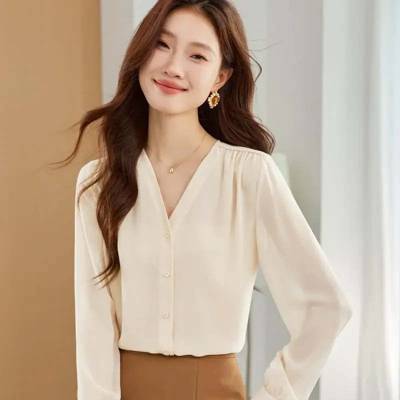 

Women's Top New OL Loose Oversized Western-style Small Shirt Long Sleeved Women's Shirt V-neck Wrinkled Chiffon Blouse