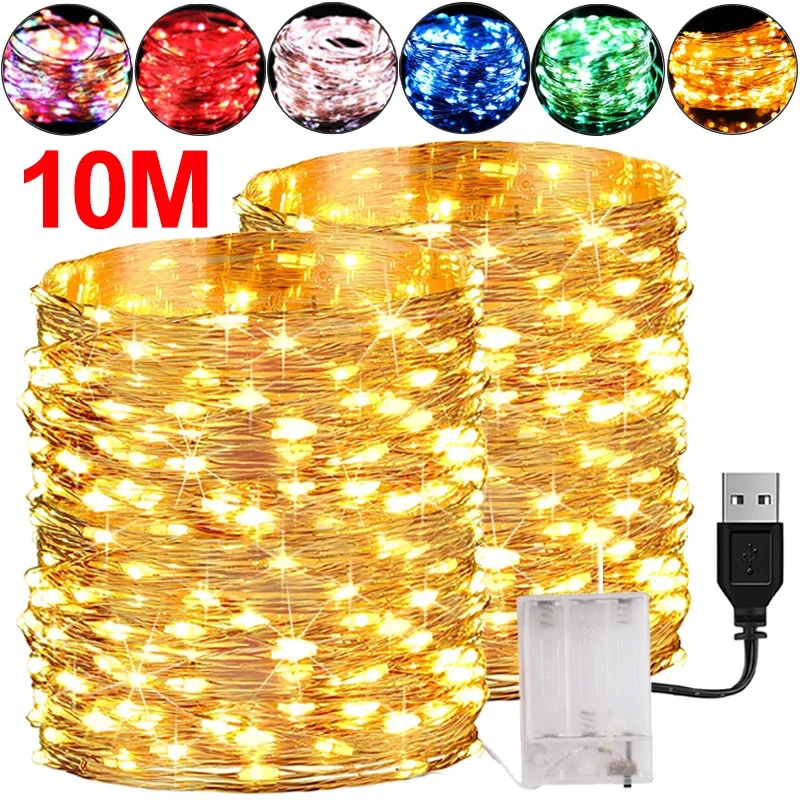 Fio de cobre LED Lights String, Guirlanda impermeável, Fairy Light, Natal, Decoração da festa de casamento, Iluminação do feriado, USB, Bateria, 5 m, 10m