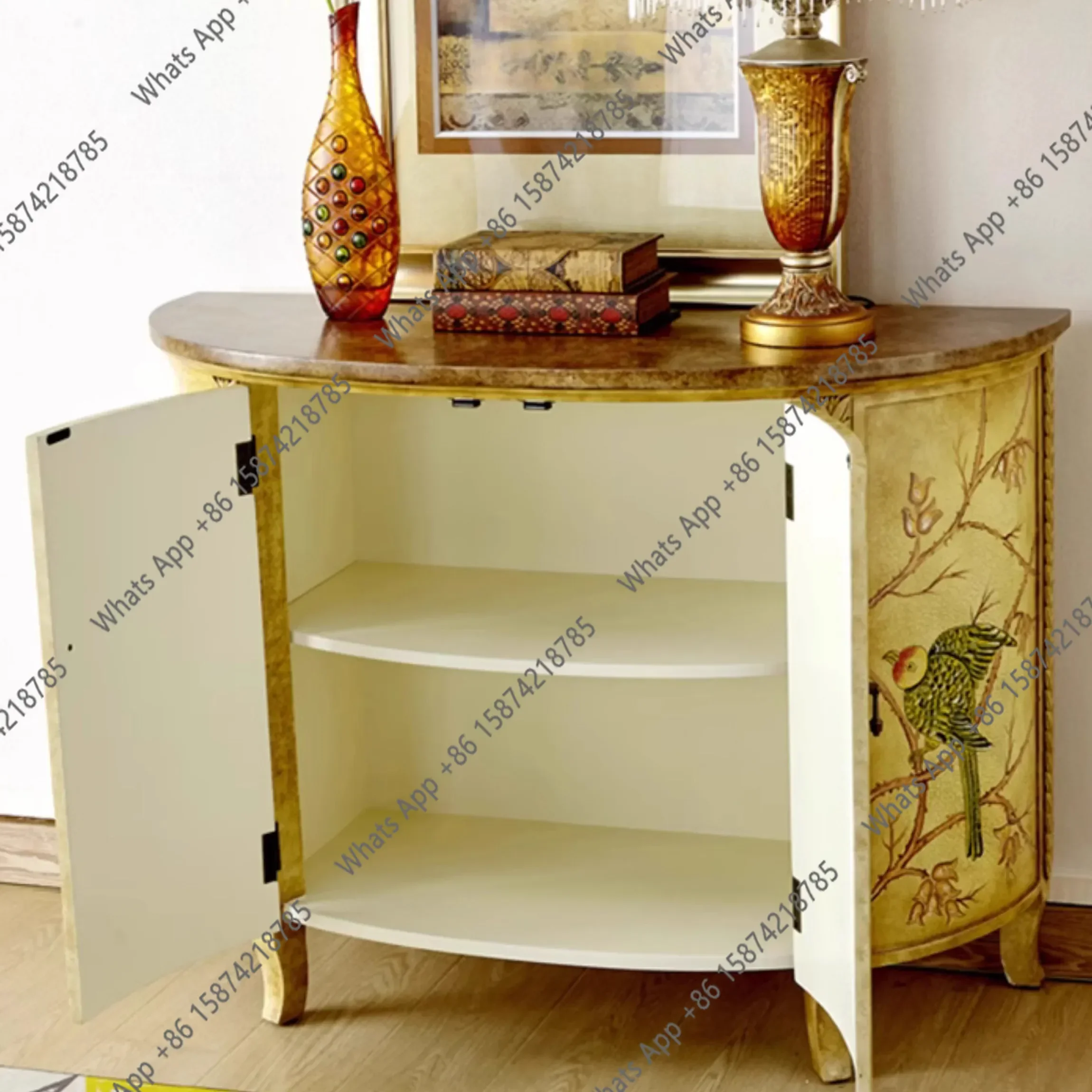 

Jj Solid Wood Sideboard, Painted Entryway, Vintage Old Storage, Shoe Cabinet, Hand-painted Parrot Semi-circle Storage X