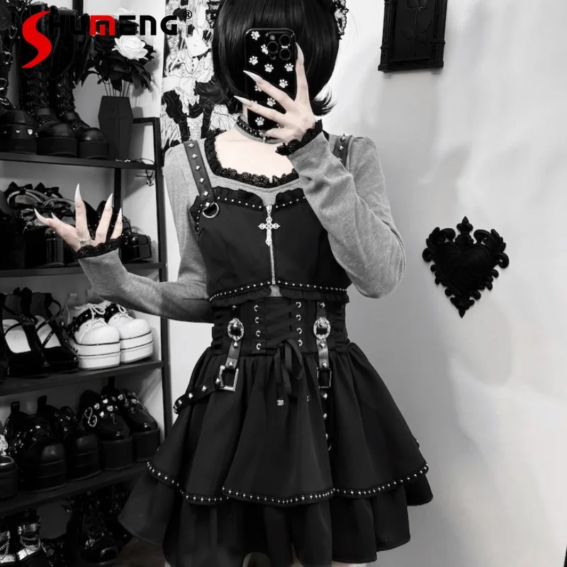 

Японская кружевная одежда в стиле SC Rojita: легкий готический образ с заклепками, кружевные наряды, женские топы Y2K, футболки, трикотаж, сарафаны, юбки