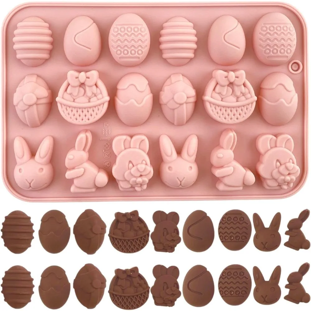 Molde con forma de conejo y huevo, molde de silicona para Chocolate de Pascua de 18 cavidades, gelatina de caramelo, bombas de cacao, fabricación de decoración para fiesta de Pascua
