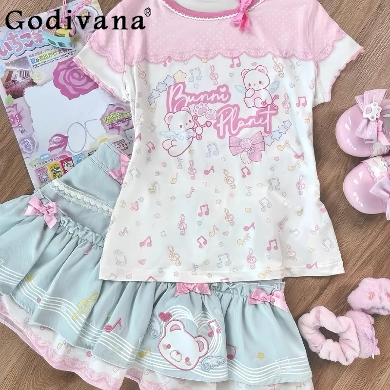 

Japan Style New Kawaii Skirt Sets Summer 2025 Women Sweet Cartoon Bear Print T-Shirts Tops Bow Cake Skirts Girls Y2k Cute Outfit