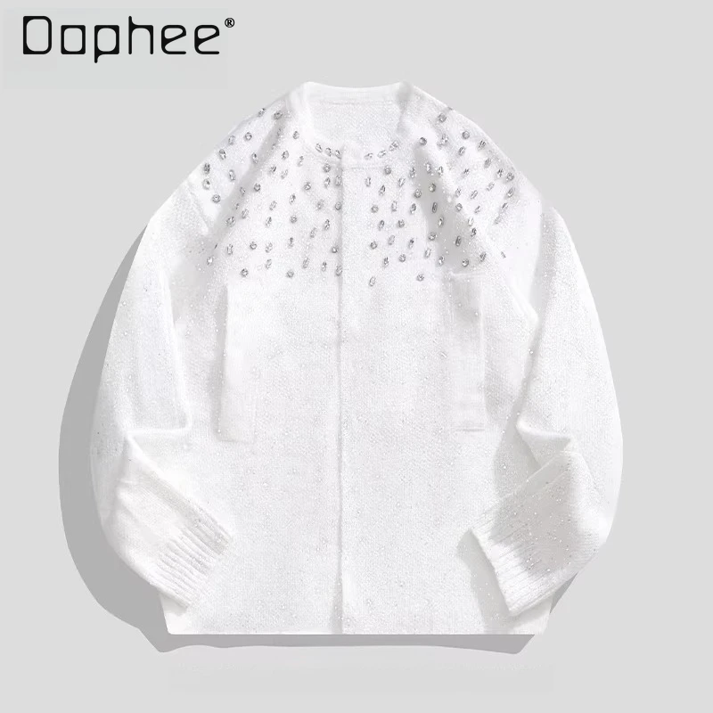 

Мужской легкий вязаный кардиган в корейском стиле с горячими стразами и звездами, черно-белый, свободный, повседневный, весна-осень 2026