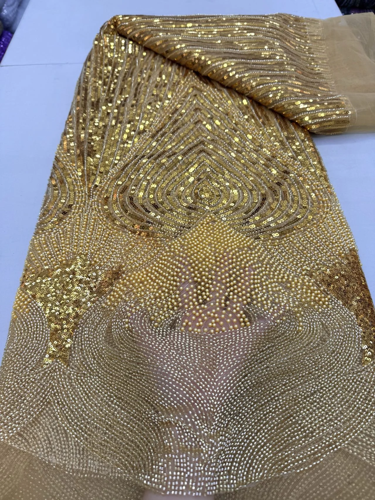 

2025 African Nigerian Sequins Embroidery Tulle Lace Fabric High Quality Beads Stone Prom Dresses Sewing Guipure 5 Yards JY443