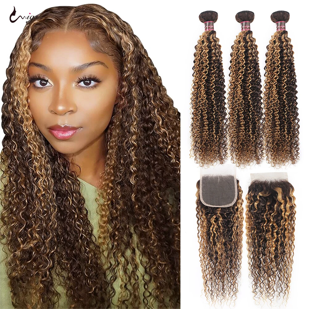 Uwigs Curly Bundles Highlight P4/27 Human Hair Bundles With Closure Honey Blonde Curly Hair Brazilian Bundles With Lace Closure