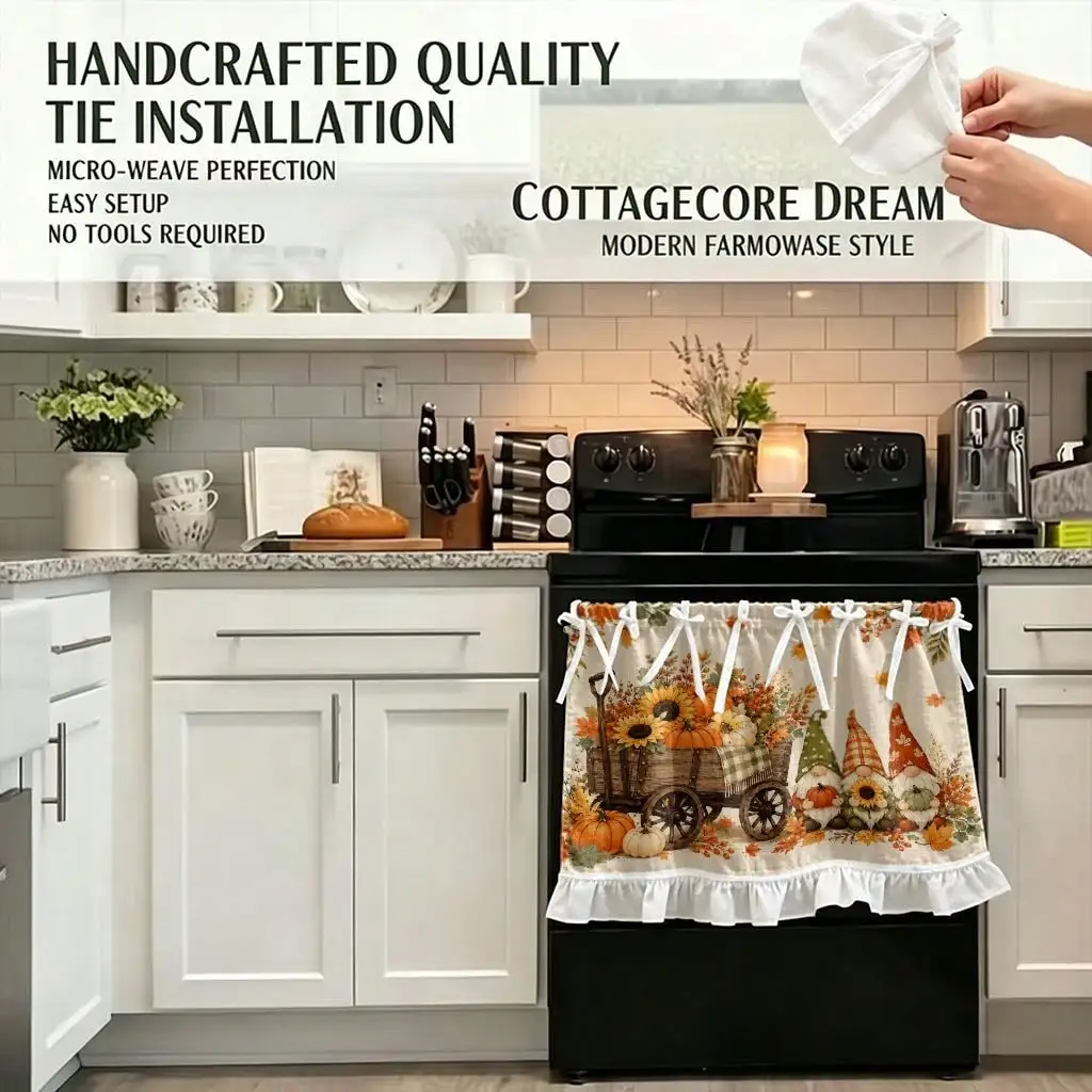 2D Flat, 1pc Farmhouse Fall Harvest Kitchen Stove Oven Valance, 2D Print Autumn Gnomes Pumpkin Wagon Fall Autumn Home Decor Curtain for Dishwasher Microwaves Cabinet Kitchen Sink, Festival Gift, Makes a Great Addition to Thanksgiving Family Gather