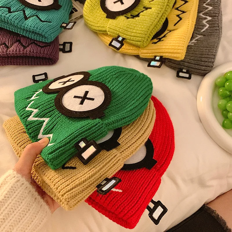 Kpop Cute Cartoon Cuff Beanie Cap Women\'s Candy Color Big Eyes Smile Skullies Hat Fashion Streetwear Student Warm Winter Knitted