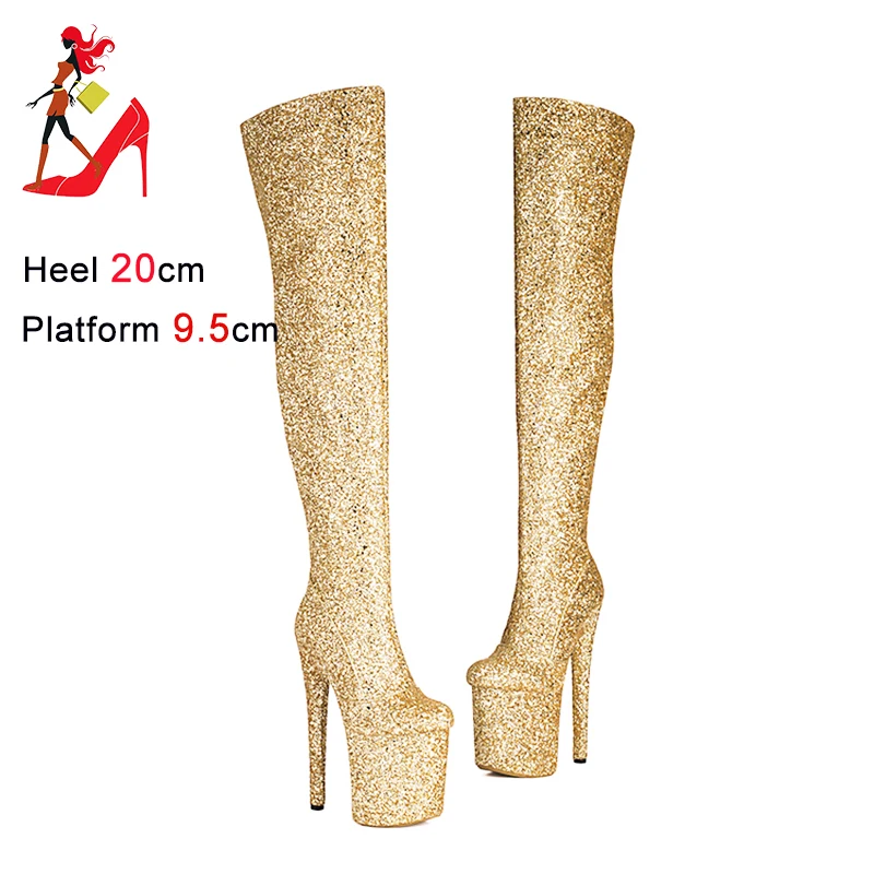 Extreme Pole Dance Boots 20CM/8InchOver the knee Boots Autumn Winter Platform High Heels Bling Glitter Women Shoes Large Size 43