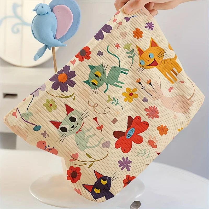 Anime Cat Flower Pattern Printed Corduroy Makeup Bag Multi Functional Makeup Storage, Suitable for Toiletries And Additions