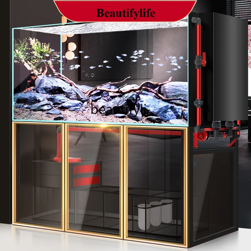 Fish tank aquarium bottom filter ultra-white glass living room stream tank backpack side overflow ecological sea tank  H