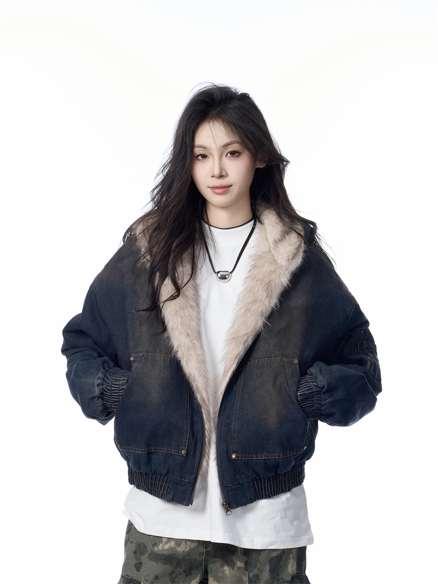 

Retro American Hooded Denim Jaet Cotton Coat ort Sle Women's Design Couple Outwear Warmth Youth Faion Casual Wear