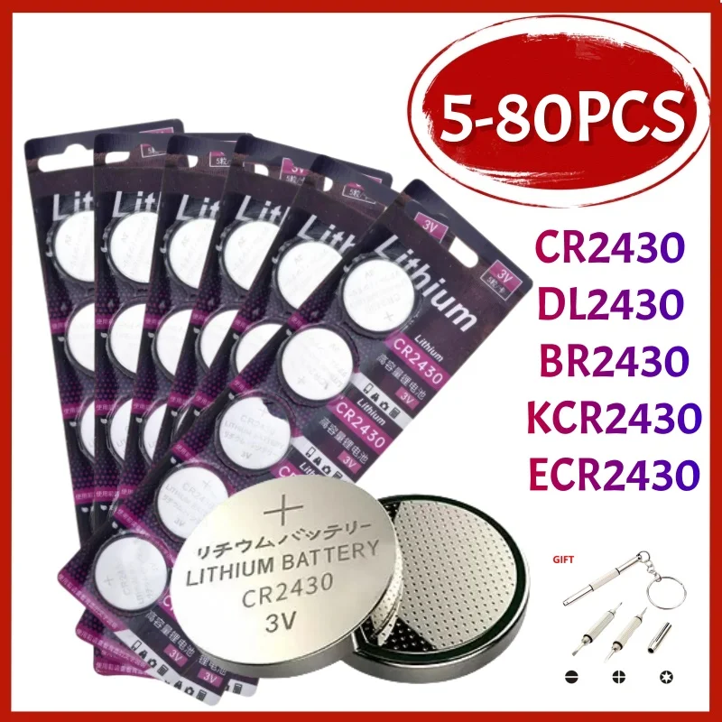 5-80PCS CR2430 KCR2430 3V Lithium Battery 2430 DL2430 BR2430 Button Coin Batteries for Key Fob Watch Alarm Clock Remote Control