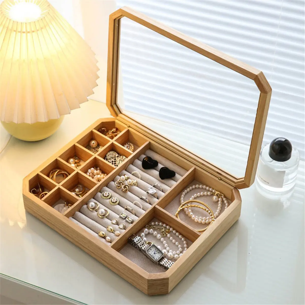 2026 Trend Oak Earring and Necklace Jewelry Box, Bracelet and Ring Storage Box, Octagonal Gift Box, Transparent Jewelry Box