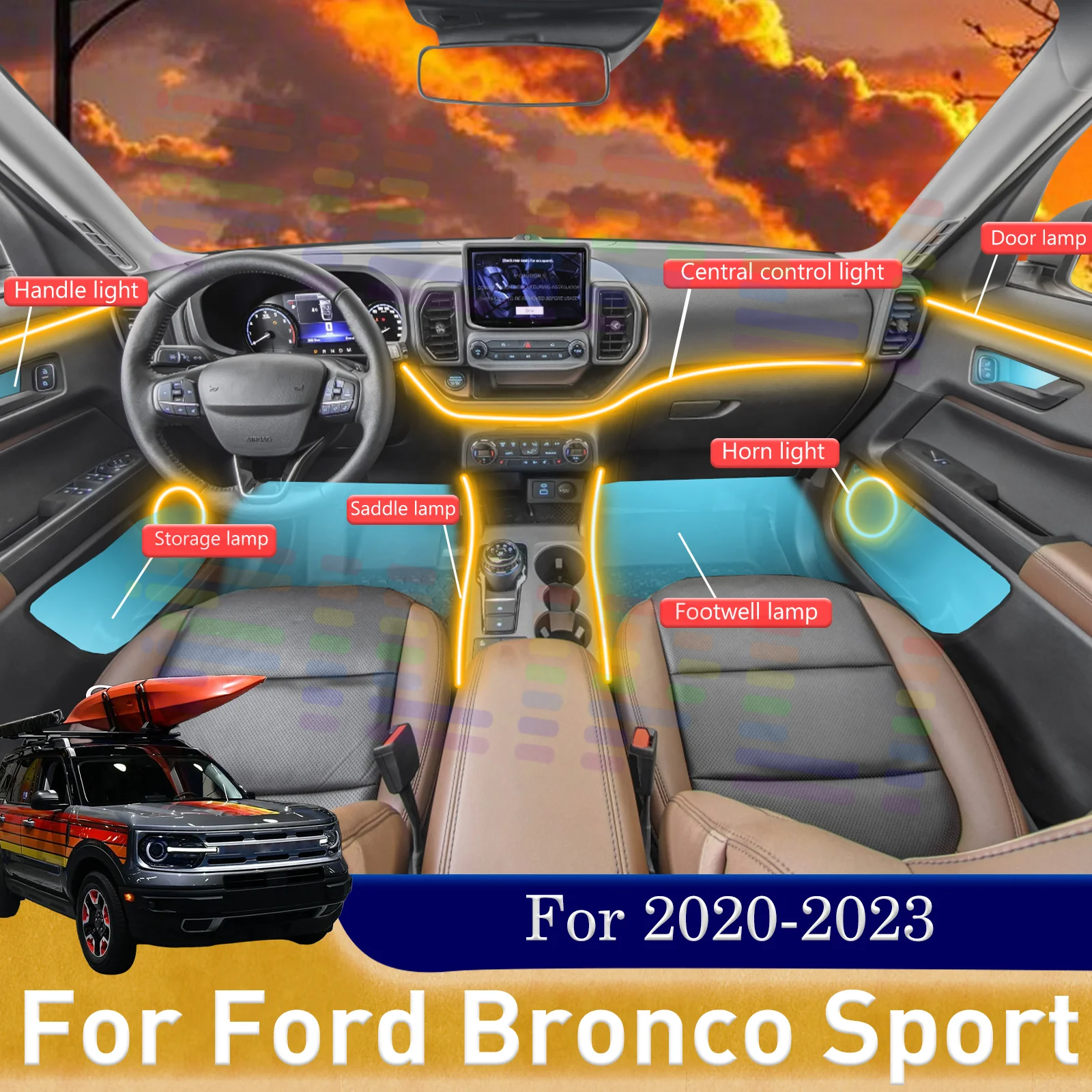 

Для Ford Bronco Sport умный пульт дистанционного управления салона автомобиля окружающее освещение RGB 64 цвета светодиодный набор для установки с безопасной защелкой