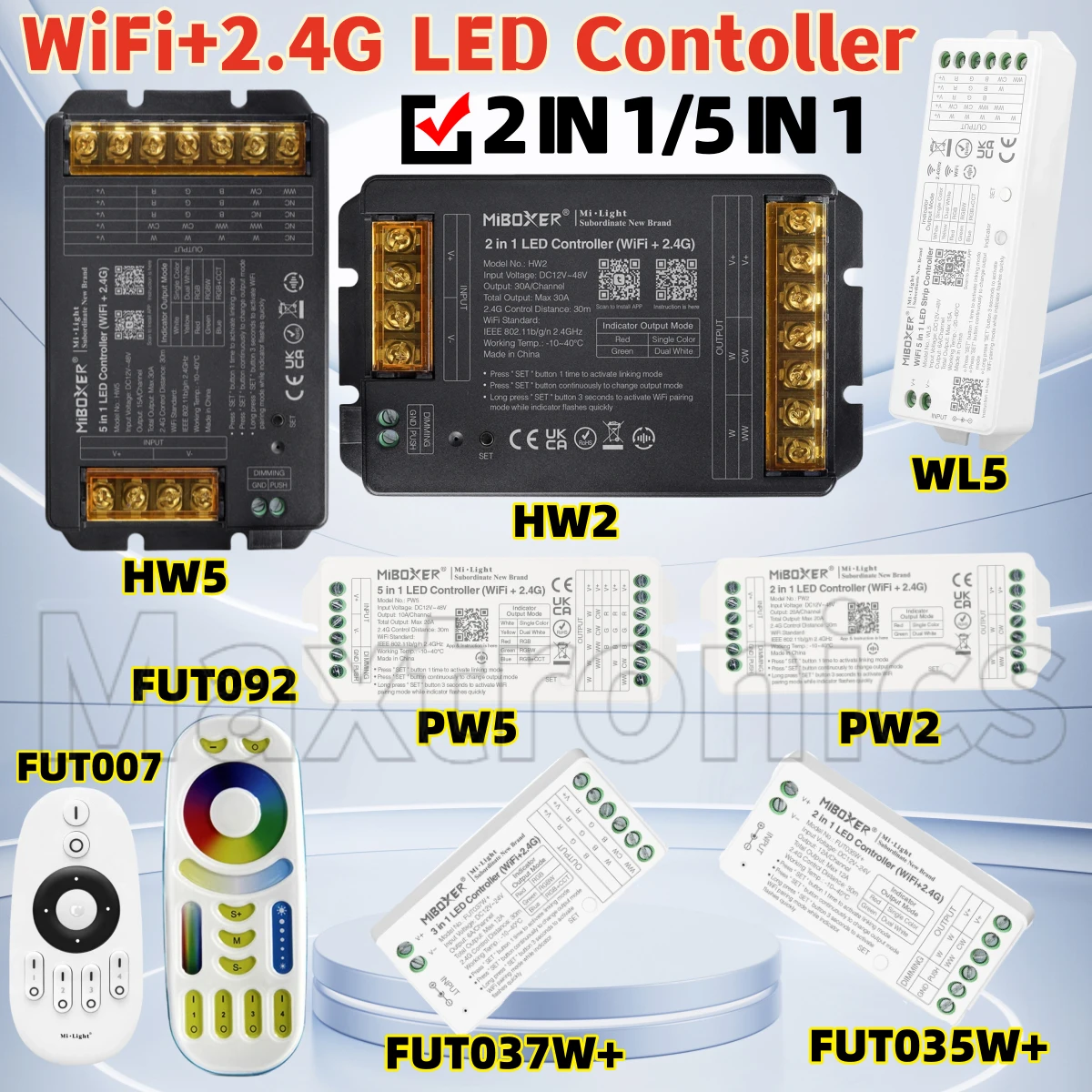 MiBOXER WiFi+2.4G LED Contoller 2in1/5in1 HW2/HW5/PW2/FUT035W/WL5 Remote FUT007/092 for CCT Single Color RGB RGBW RGB+CCT Strip