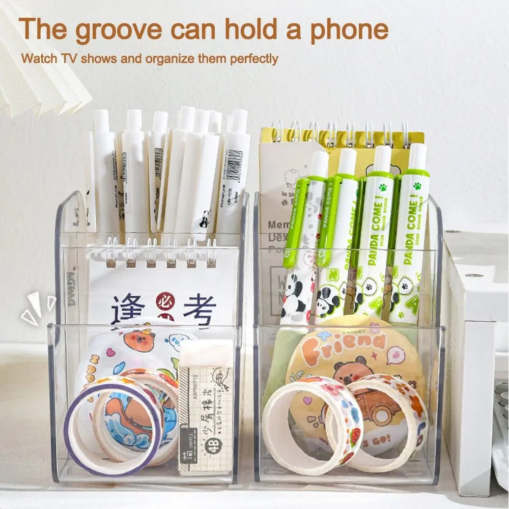 New Transparent Desk Stationery Storage Box INS Style Large Capacity Pen Holder 3 Grids Pencil Container