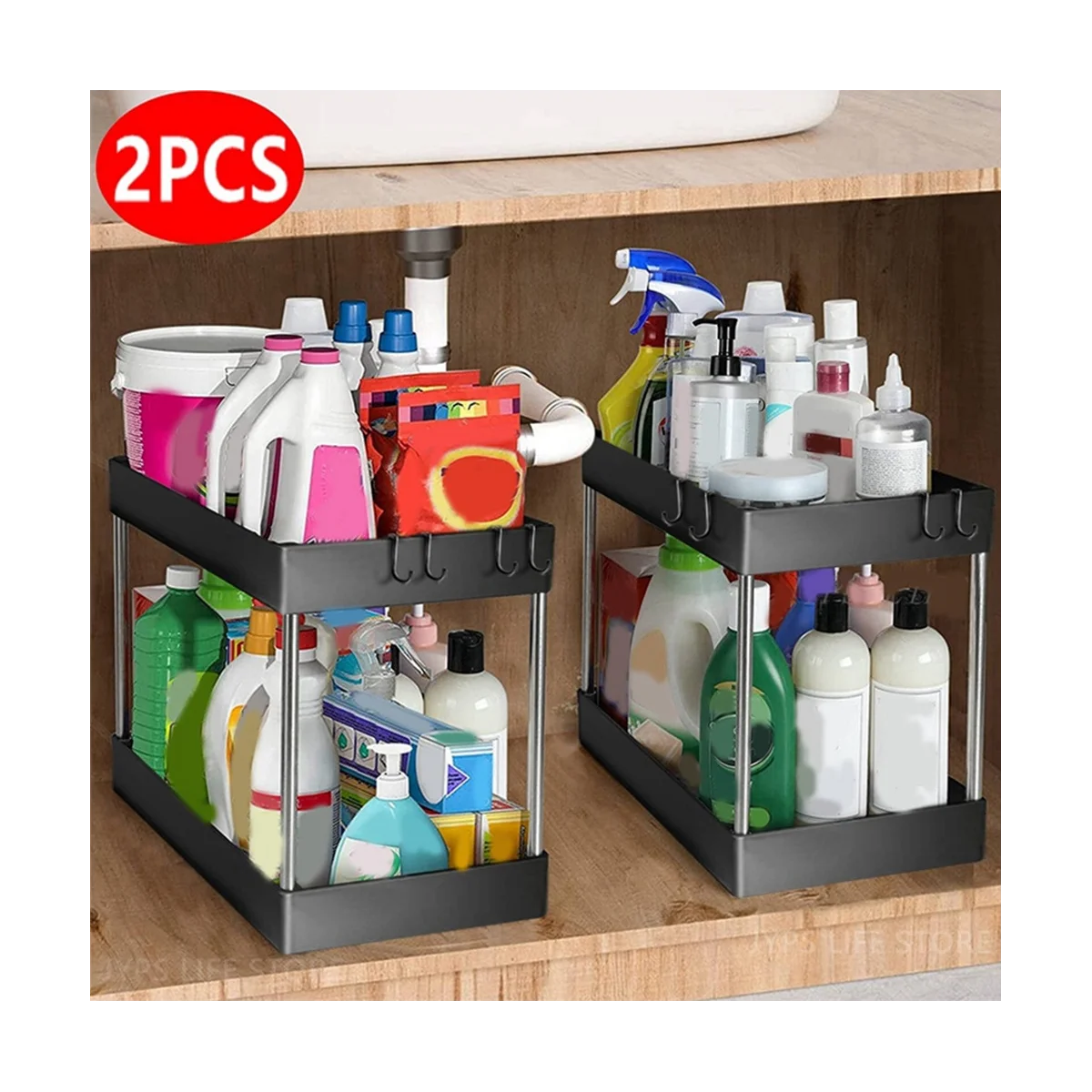 Multiuso armazenamento Rack gaveta, armário de cozinha, banheiro prateleiras, 2 Tiers, 2pcs