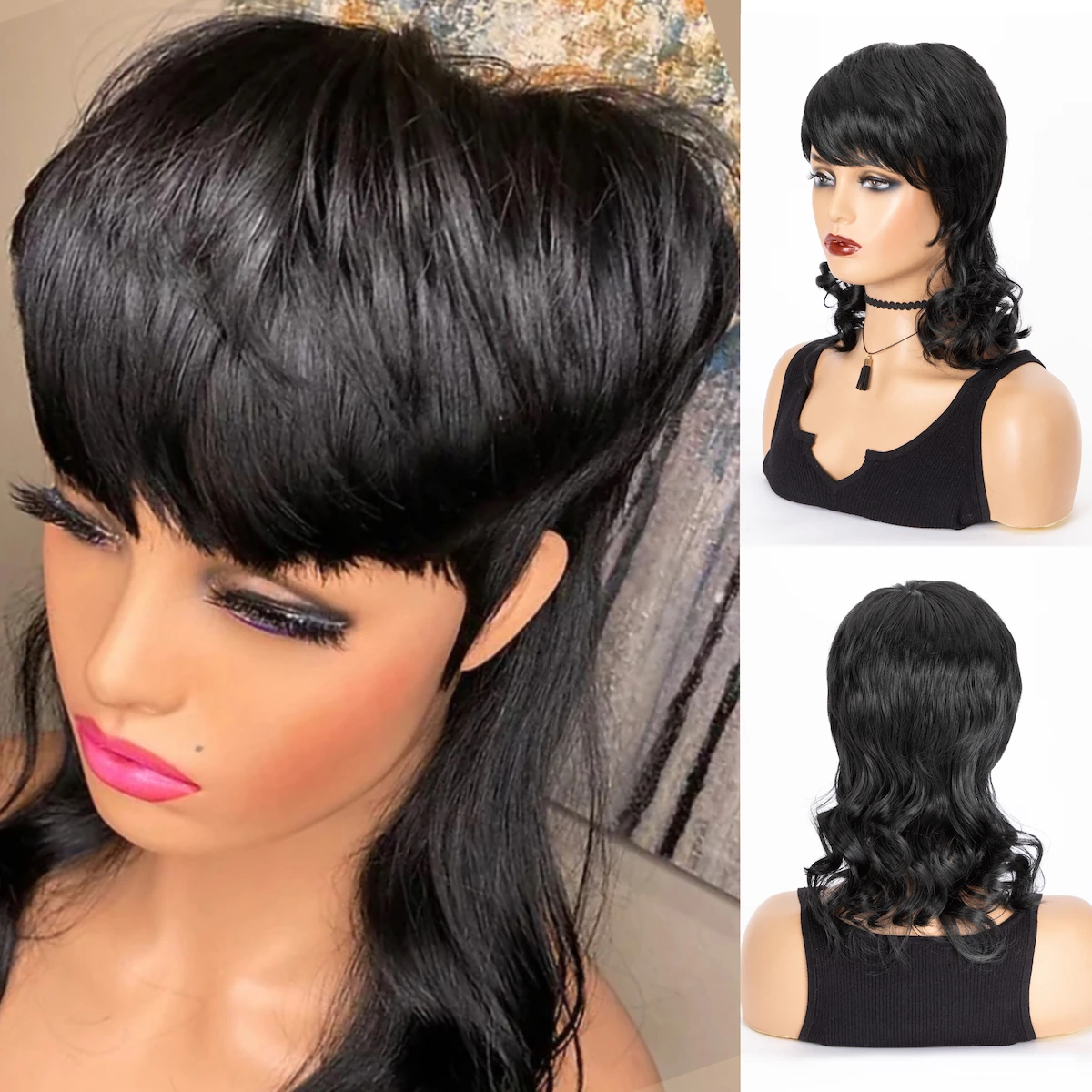 WIGERA Synthetic Highlight On Sale Black Short Straight Pixie Cut Hair Bob Wig With Long Wavy Wave Curly Bangs Hair For Women