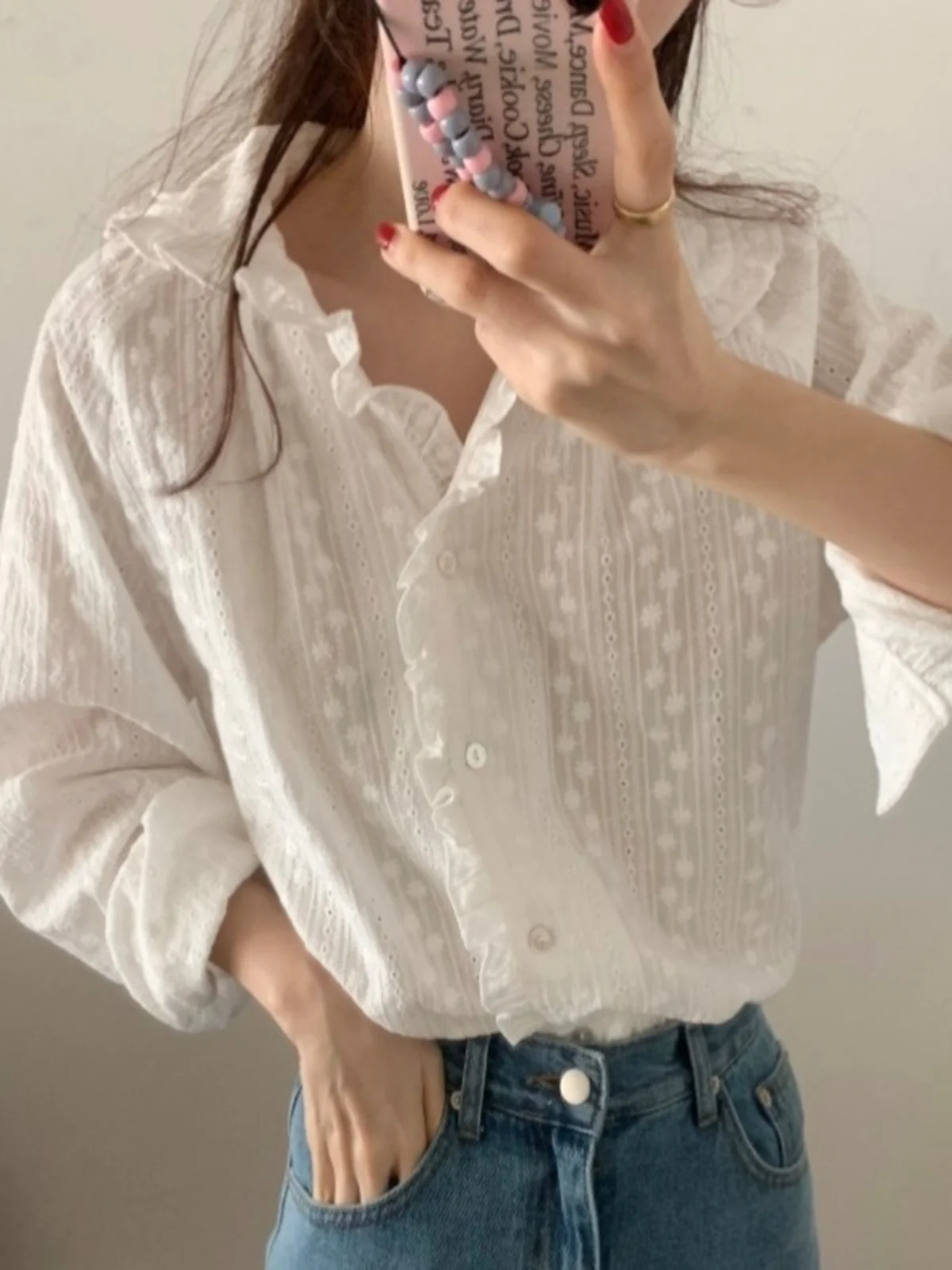 

Ele Long Sve White Embroidered Hollow out Doll Collar irt Women's Inner Wear Korean Sle Early Spring Gentle Sle
