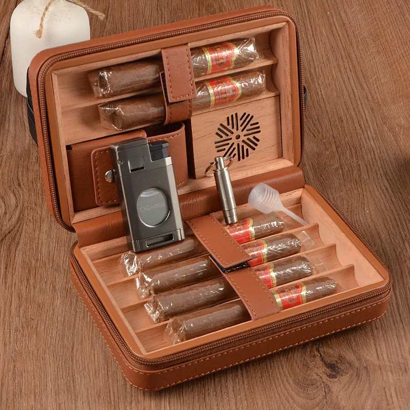 Luxury Cedar Wood PU Leather Case Capacity 6PCS Cigars Travel Humidor  Portable Cigar Box Built-in humidifier