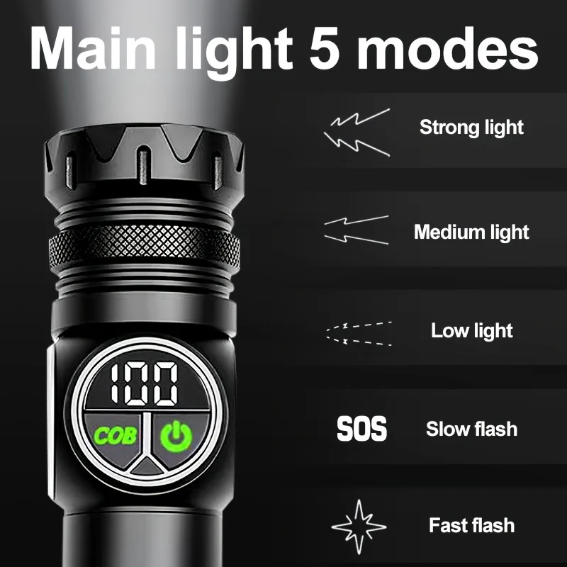 Rechargeable Flashlight - 5+4COB Lighting Modes, Durable Aluminum Alloy Head, Long-Lasting Endurance, Water-Resistant, Hiking