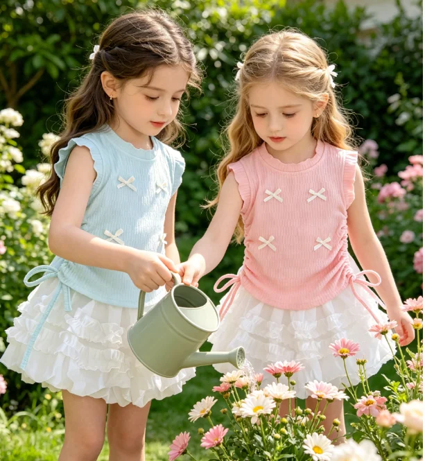 

Girls Suit 2026 Spring and Summer New Childrens Clothing Korean Girl Baby Ice Bow Solid Color Vest Flower Bud Shorts Two Sets