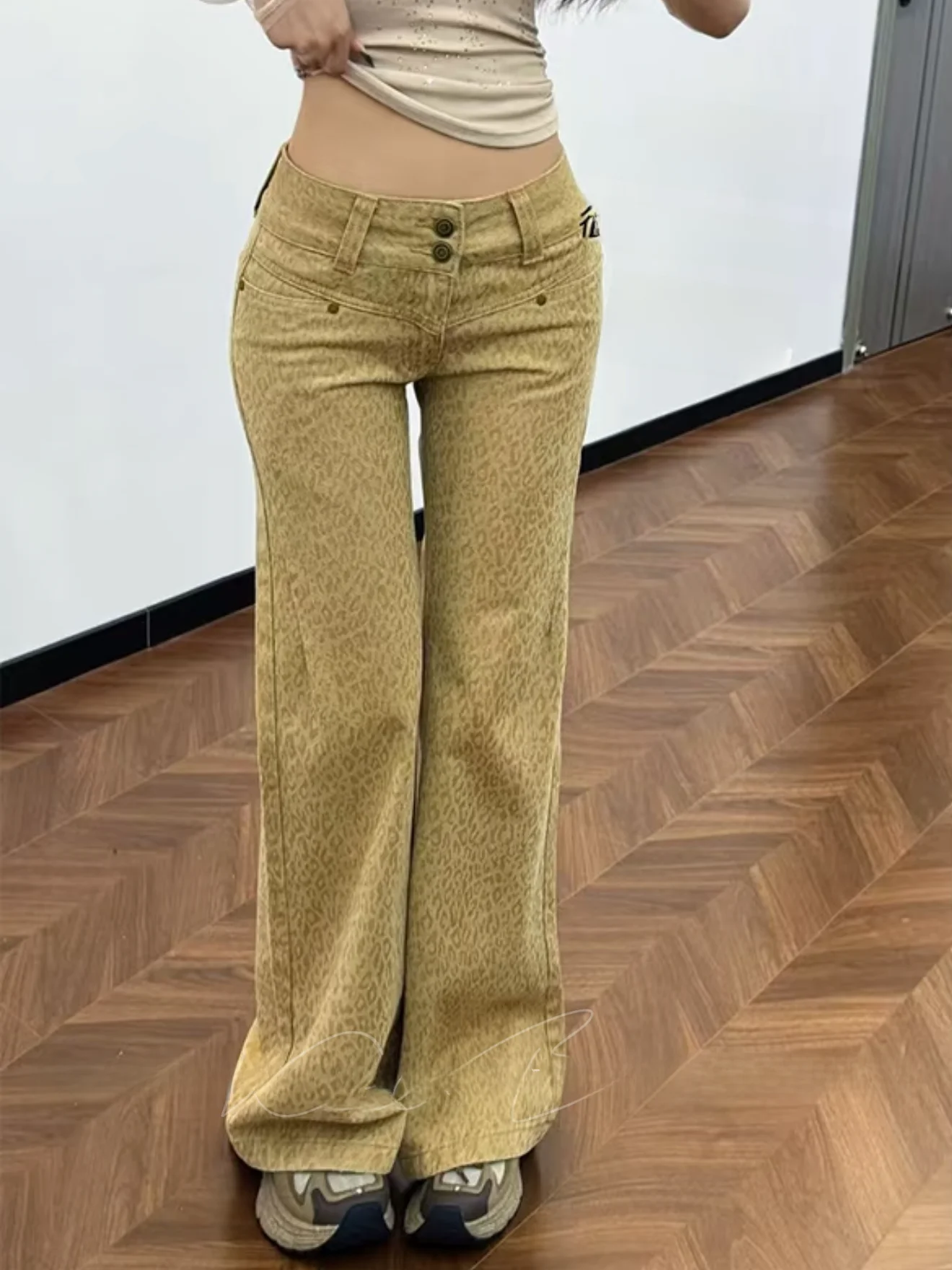 

Slim Fit Bell Bot Denim Jeans Women's Retro Print High Elastici Low Waist Cotton Stretchy Long Pants Ladies Faion