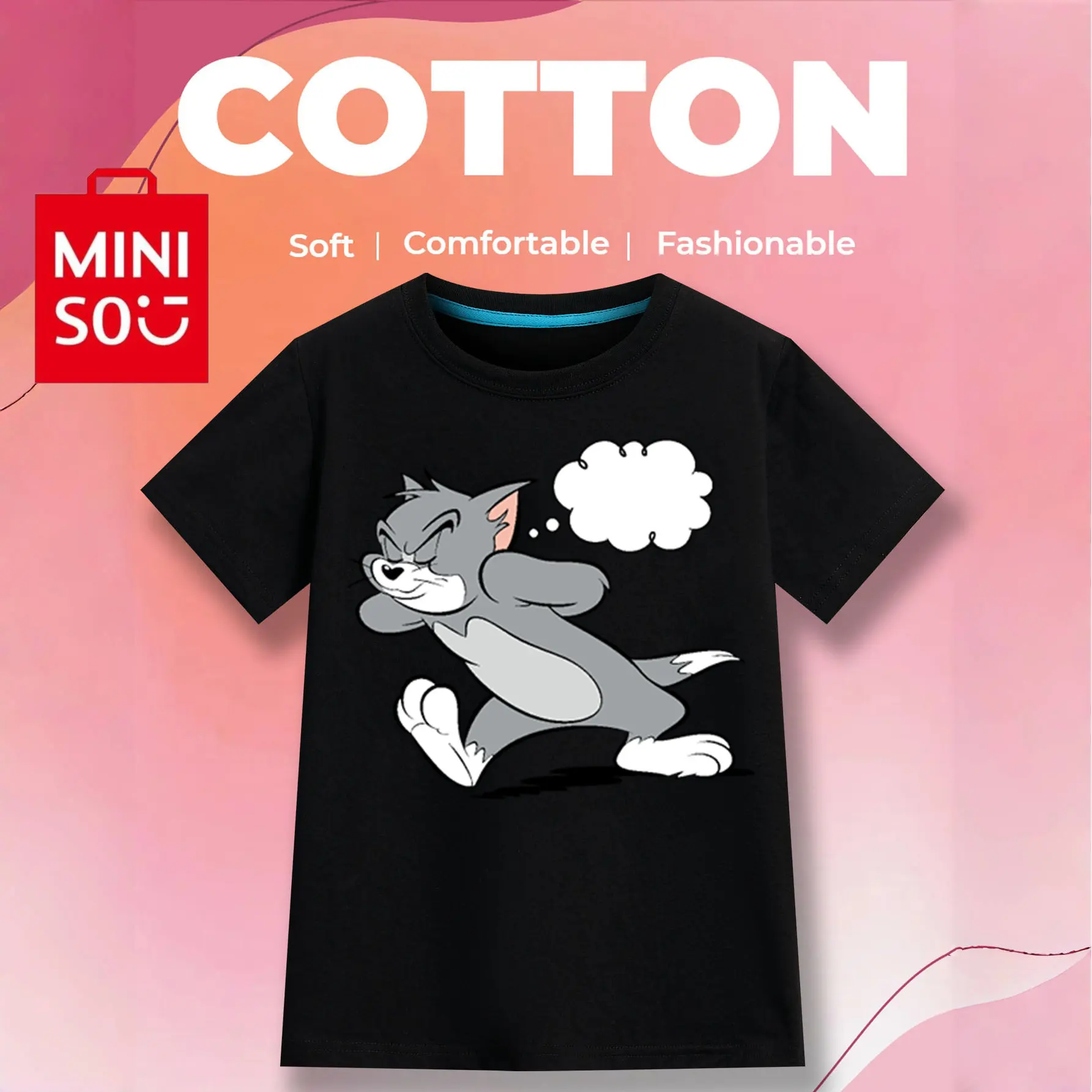 MINISO Angry Tom&Jerry 100% Cotton Children’s T-shirt Boys/Girls Gift Soft Clothes Print Outdoor O-neck Short Sleeve T-shirt