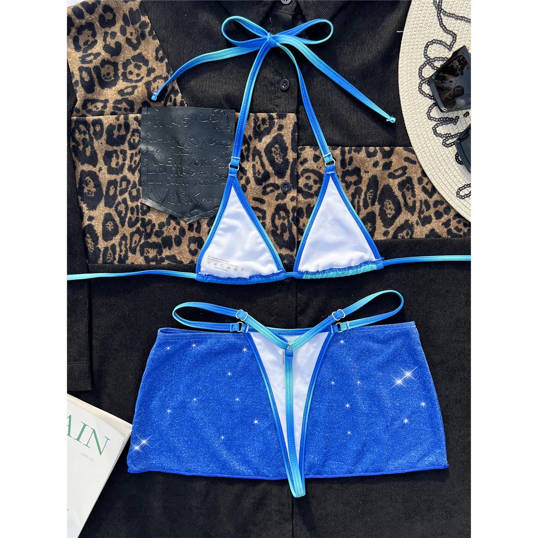 Mit Rock, Neckholder, Mini-Micro-String-Bikini, Damen-Badeanzug, Damen-Bademode, dreiteiliges Bikini-Set, Badebekleidung, Badeanzug, Schwimmbekleidung V4744 – Detail 15