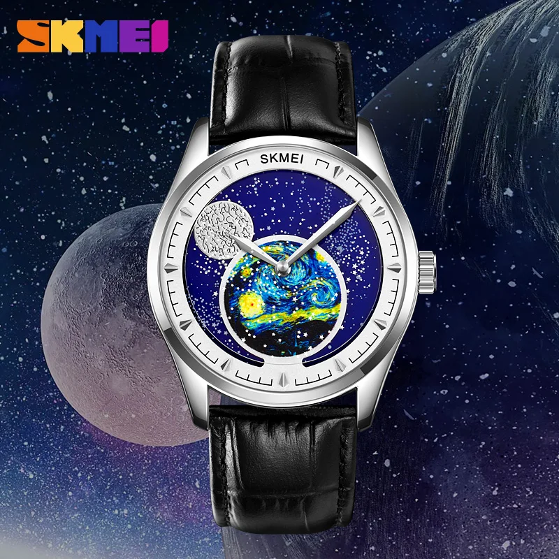 SKMEI Watch For Mens Fashion Starry Sky Moon Phase Quartz Casual Genuine Leather Strap Wristwatches Waterproof Clcok reloj hombr