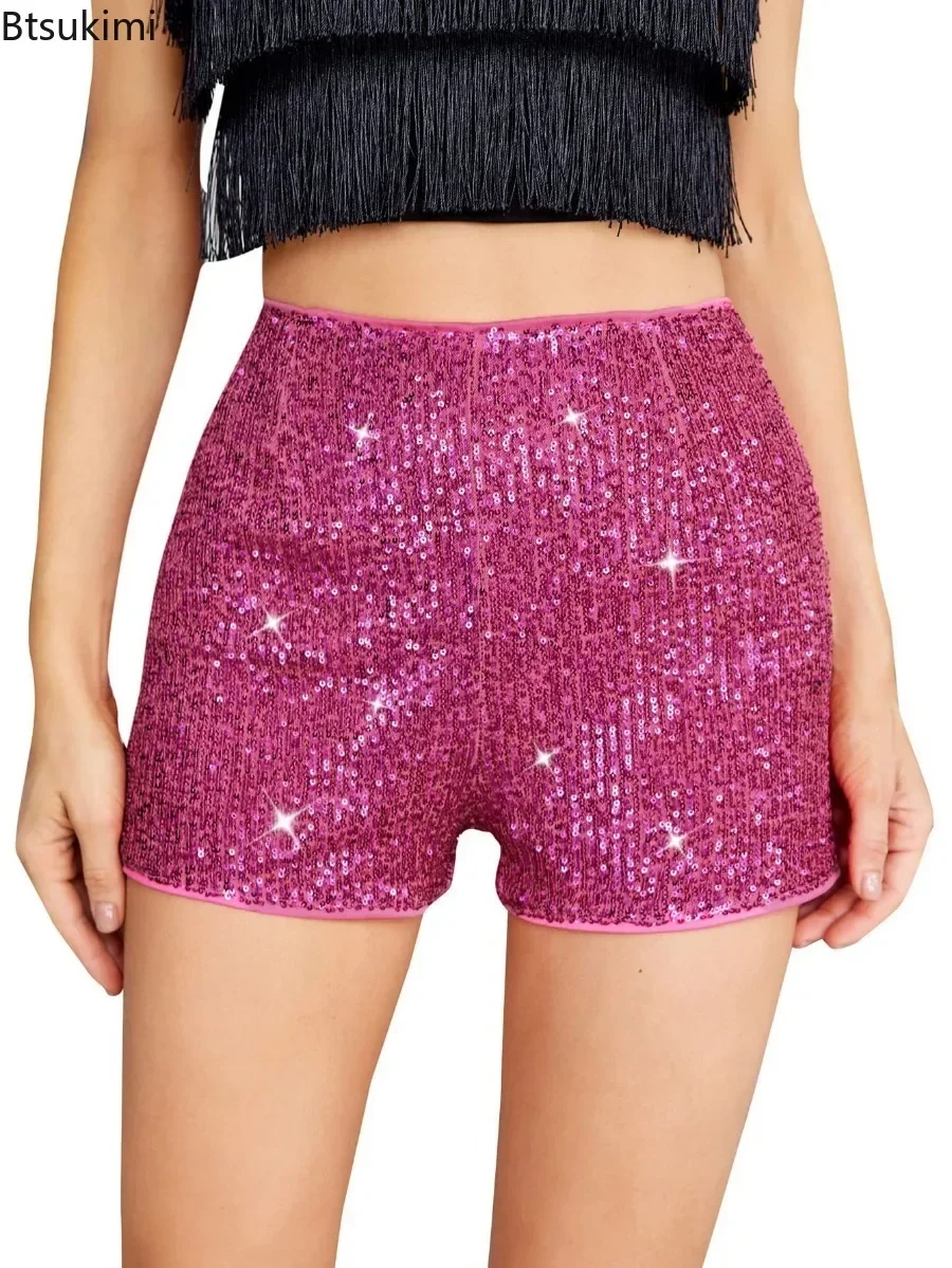 Pantalones cortos con lentejuelas para mujer, Shorts sexys de cintura media alta, elásticos, brillantes, de pierna recta, brillantes, sólidos, para fiesta y Club, 2024