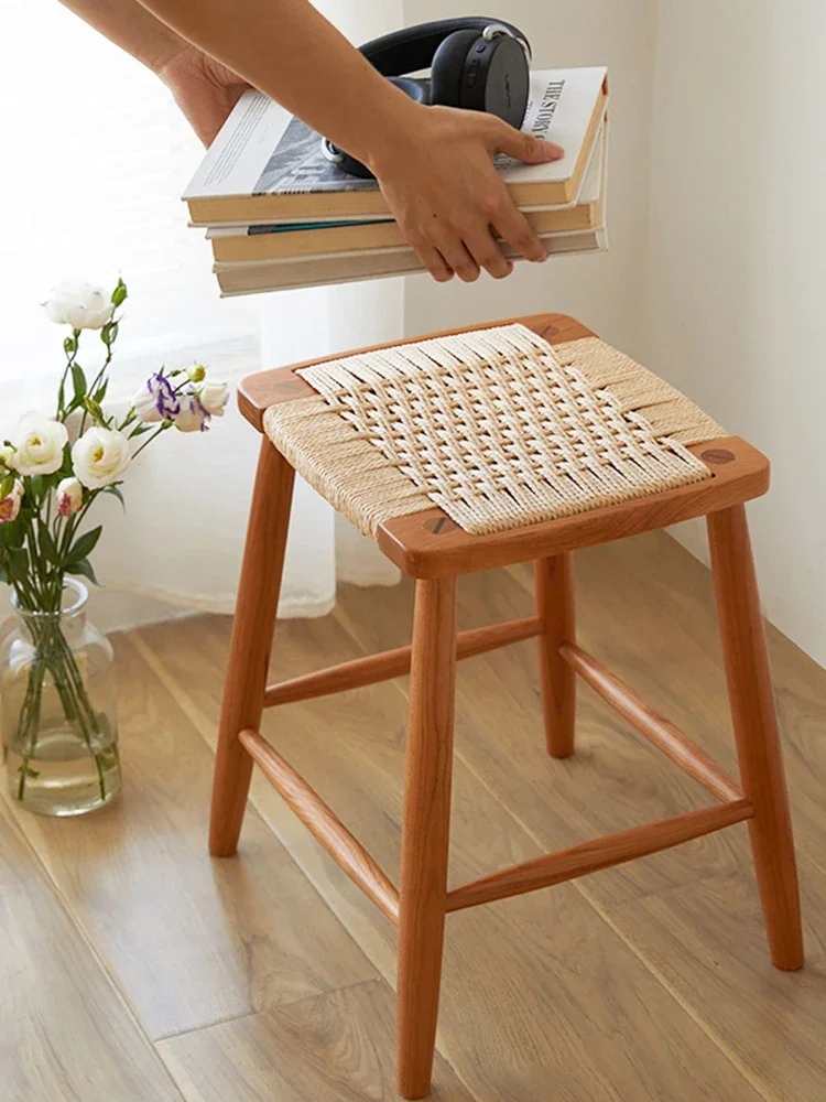 Japanese-style original solid wood rope rattan woven comb table small makeup stool medieval furniture shoe change cherry