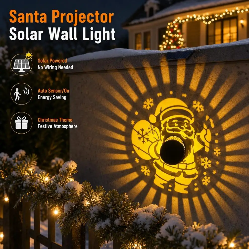 Creative Solar Powered Xmas Projector Wall Light Auto Sensor Santa Pattern Projection Lamp Outdoor Garden Yard Holiday Decor