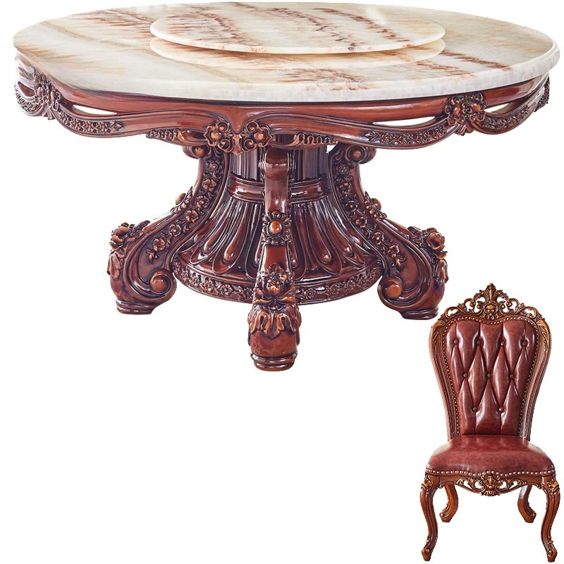 

Marble table hand-carved household with turntable solid wood European leather dining chair dining table
