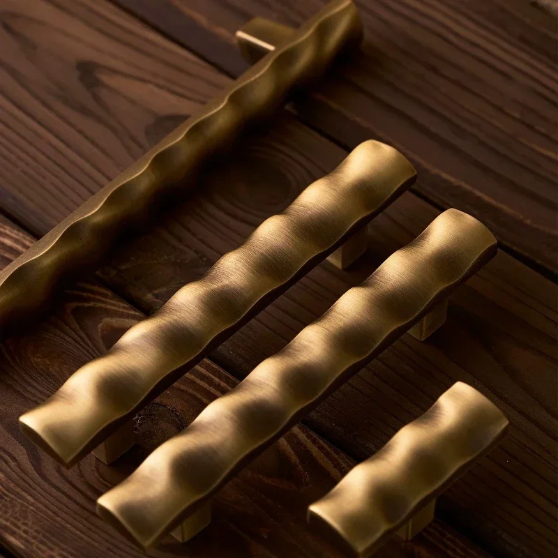 Brushed Gold Pure Brass Handle Wave Shaped Kitchen Wine Cabinet Wardrobe Door Handles Hardware Furniture Knob Bronze Drawer Pull