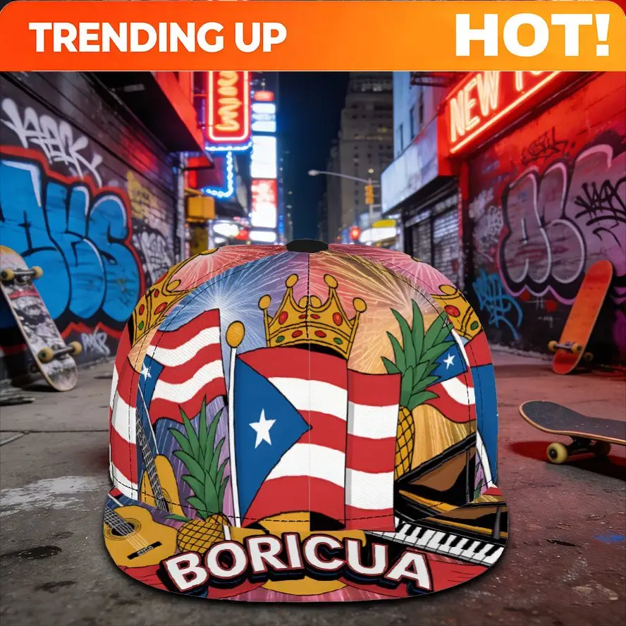 Customization This Stylish Baseball Cap Features Prints Of The Puerto Rican Flag, Crown, Guitar