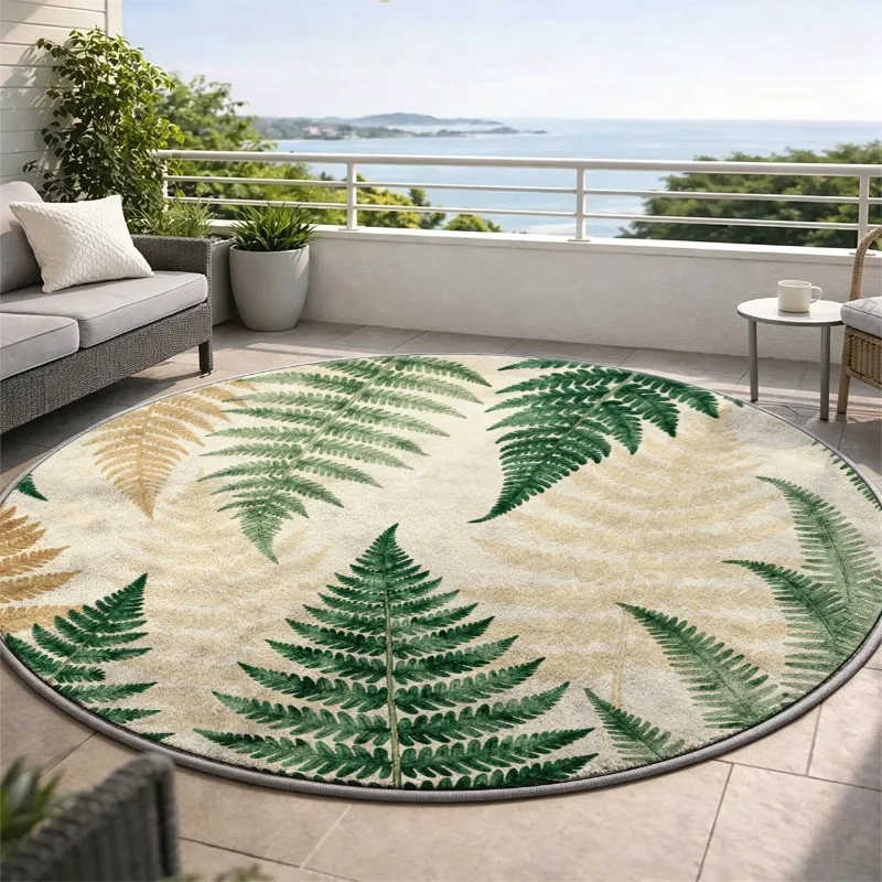 Vintage Fern Leaf Round Carpet Green Beige Botanical Pattern Round Floor Carpet for Living Room Balcony Patio Round Area Carpet