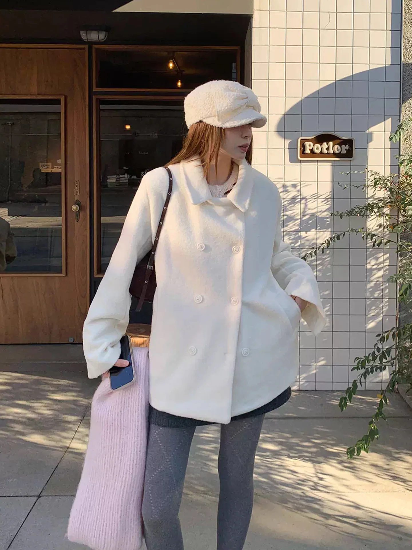 

Ele белое шерстяное пальто женское двубортное с лацканами оверсайз универсальная осенне-зимняя модная верхняя одежда корейский сле