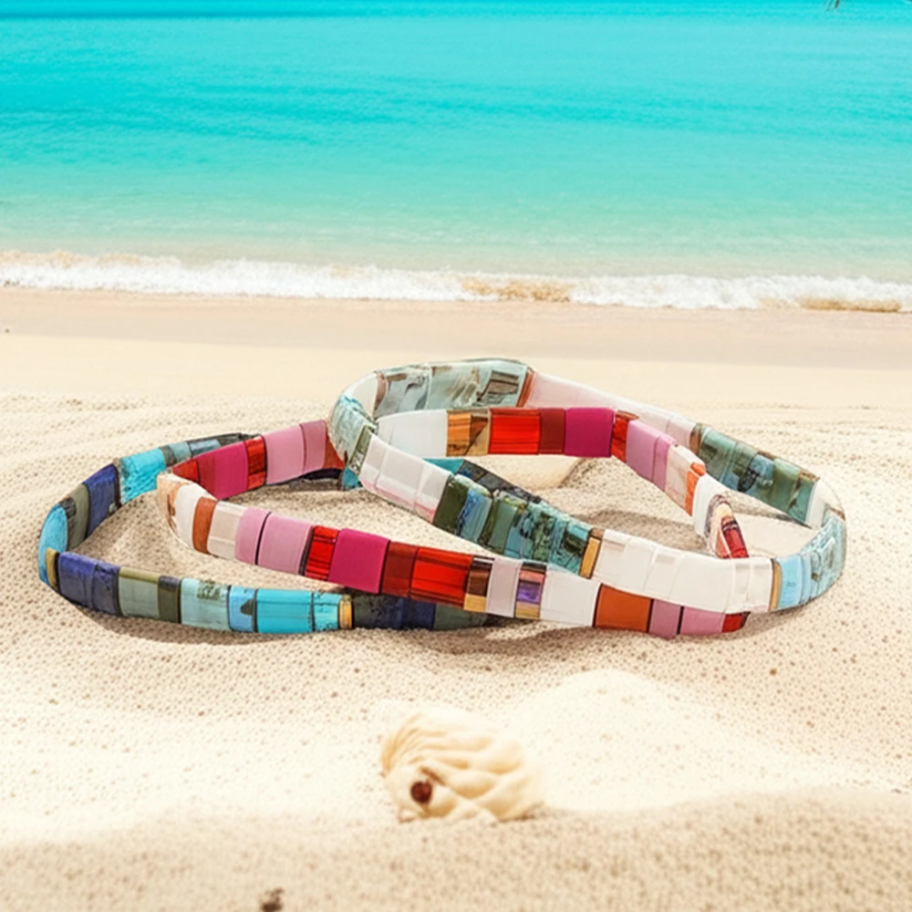 

3PCS Colorful Tile Beaded Bracelet Set for Women Girls Boho Square Beads Stretch Bracelets, Summer Beach Holiday Fashion Jewelry