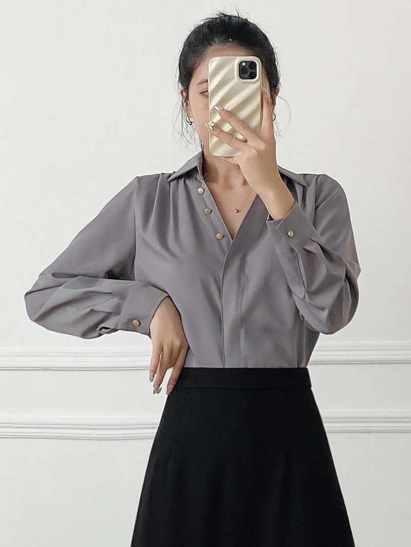 

Autumn New V-ne Satin Long Sve Loose Chiffon Blouse Women's Busin Casual irt Korean Sle Faionable Top